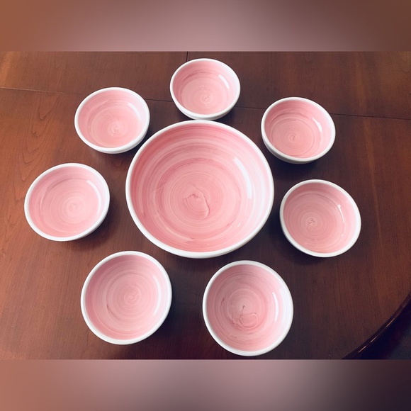 Lovely Pink & White Color Italian Porcelain Large Serving Bowl & 7 Salad bowls - Picture 2 of 5